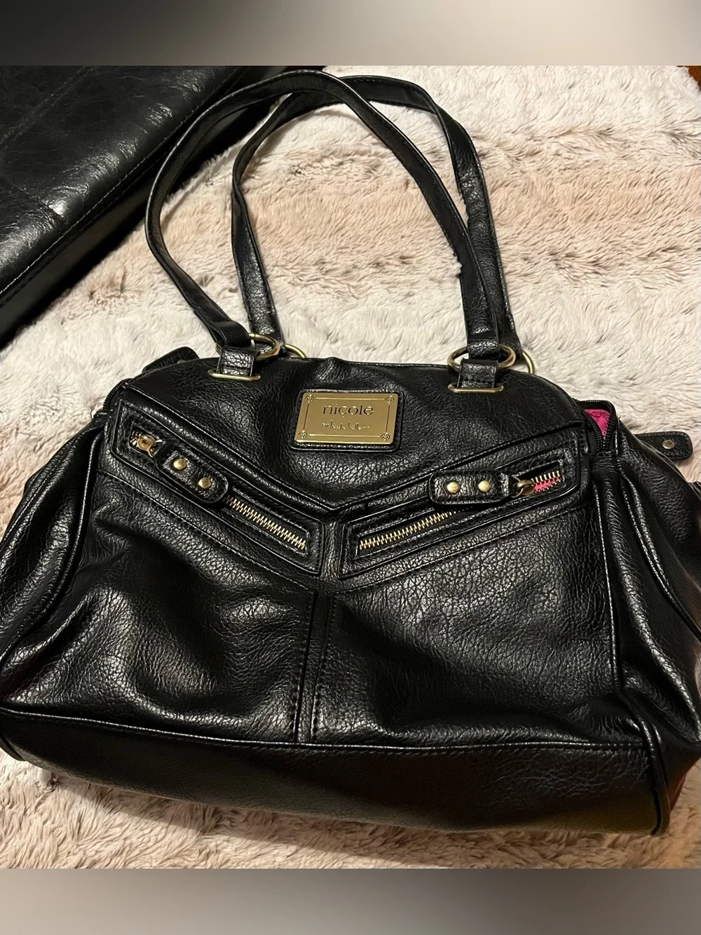 Nicole Miller Black Leather Shoulder Bag with Gold Plaque